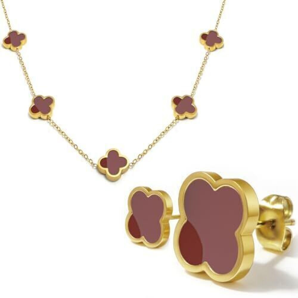 1104 18K Gold Plated Jewelry Set, Clover Necklace Stud Earrings
